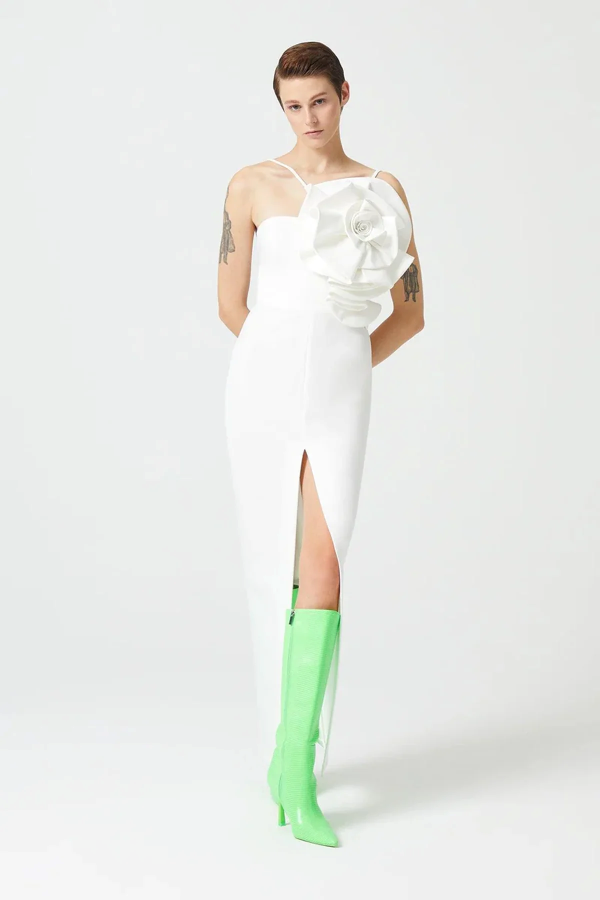 KADIN GÜL DETAYLI YIRTMAÇLI ABİYE ELBİSE