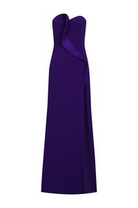 ASİMETRİK YAKA YIRTMAÇLI UZUN ABİYE ELBİSE