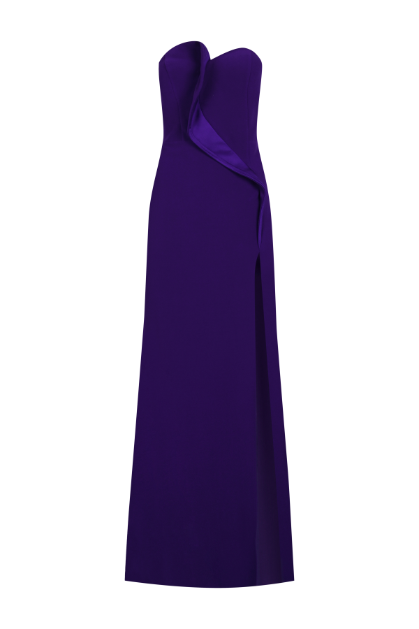 ASİMETRİK YAKA YIRTMAÇLI UZUN ABİYE ELBİSE