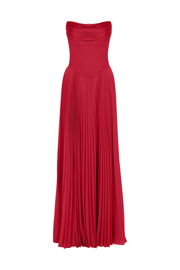 KADIN STRAPLEZ DRAPELİ PLİSELİ ABİYE UZUN ELBİSE