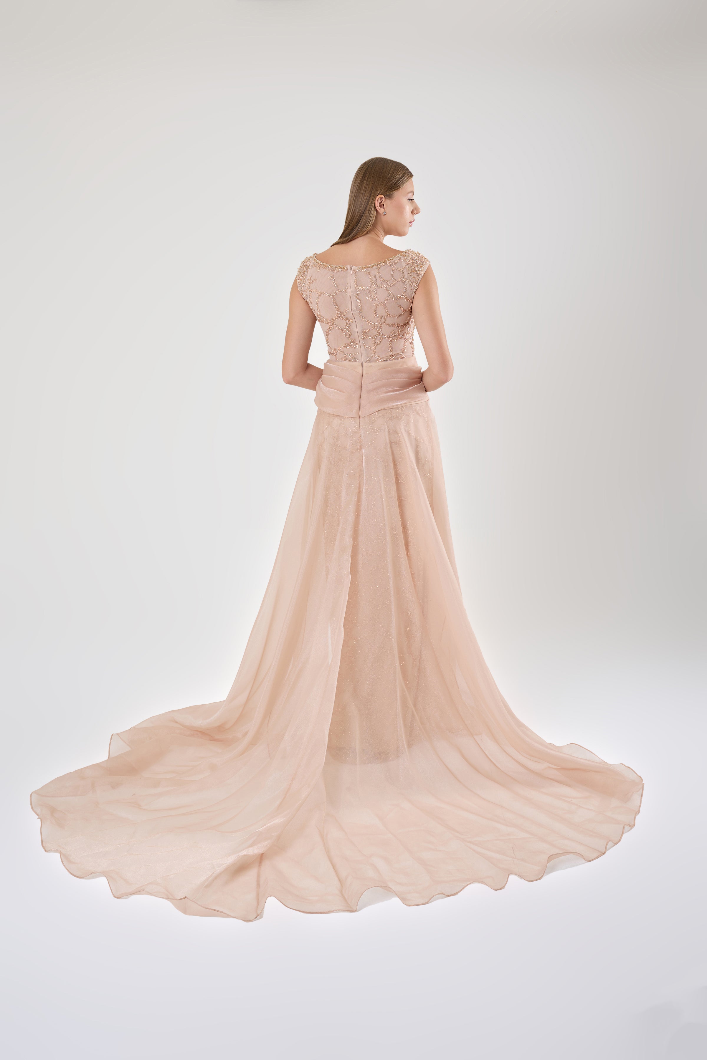 KADIN V YAKA TAŞ İŞLEME DETAYLI PELERİNLİ ABİYE ELBİSE