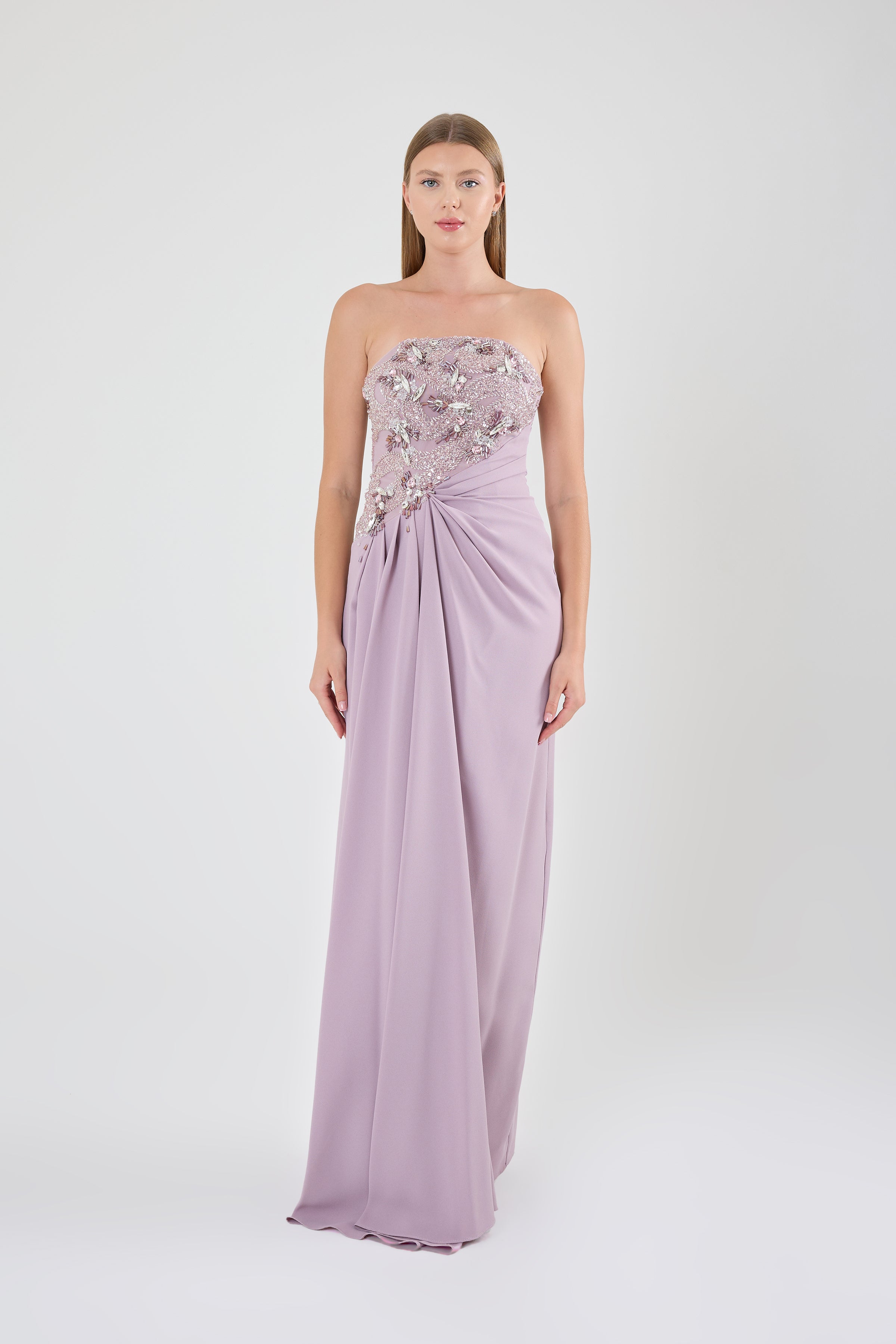 KADIN ABİYE STRAPLEZ TAŞ İŞLEME DETAYLI UZUN ELBİSE