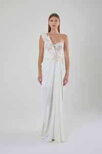 TAŞLI TEK KOL YIRTMAÇLI MİNİ ETEKLI YIRTMAÇLI ABİYE ELBİSE