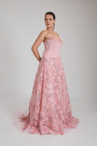 STRAPLEZ TAŞ DETAYLI ÇİÇEK DESENLİ KLOŞ ABİYE ELBİSE