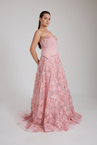 STRAPLEZ TAŞ DETAYLI ÇİÇEK DESENLİ KLOŞ ABİYE ELBİSE