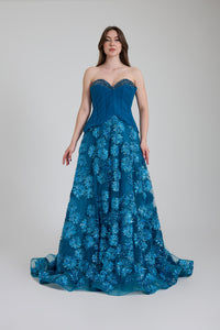 STRAPLEZ TAŞ DETAYLI ÇİÇEK DESENLİ KLOŞ ABİYE ELBİSE