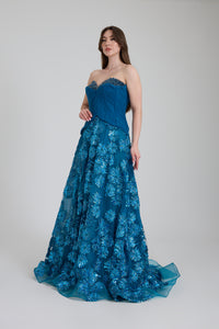 STRAPLEZ TAŞ DETAYLI ÇİÇEK DESENLİ KLOŞ ABİYE ELBİSE