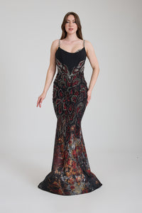 İNCE ASKILI İŞLEME DETAYLI UZUN ABİYE ELBİSE