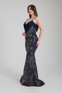 İNCE ASKILI İŞLEME DETAYLI UZUN ABİYE ELBİSE