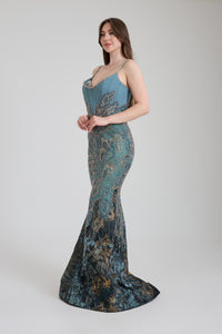 İNCE ASKILI İŞLEME DETAYLI UZUN ABİYE ELBİSE