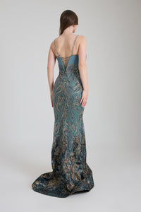 İNCE ASKILI İŞLEME DETAYLI UZUN ABİYE ELBİSE