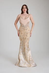 İNCE ASKILI İŞLEME DETAYLI UZUN ABİYE ELBİSE