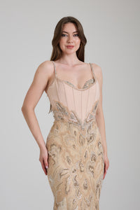 İNCE ASKILI İŞLEME DETAYLI UZUN ABİYE ELBİSE