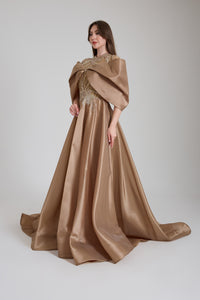 OMUZ DETAYLI TAŞ AKSESUARLI UZUN ABİYE ELBİSE