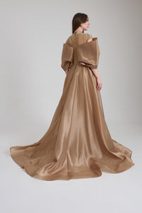 OMUZ DETAYLI TAŞ AKSESUARLI UZUN ABİYE ELBİSE