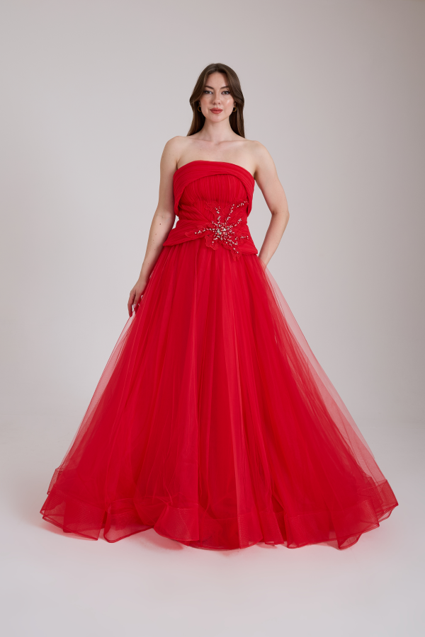 KADIN ABİYE STRAPLEZ İŞLEME DETAYLI TÜL ŞIK UZUN ELBİSE