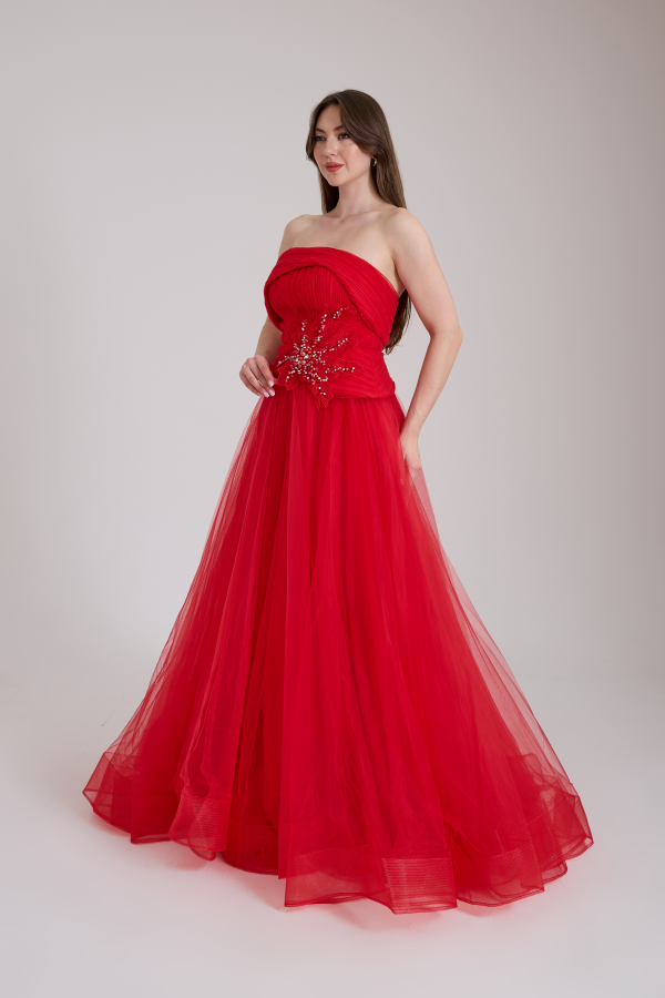 KADIN ABİYE STRAPLEZ İŞLEME DETAYLI TÜL ŞIK UZUN ELBİSE