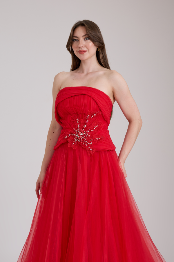 KADIN ABİYE STRAPLEZ İŞLEME DETAYLI TÜL ŞIK UZUN ELBİSE