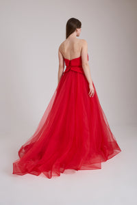 KADIN ABİYE STRAPLEZ İŞLEME DETAYLI TÜL ŞIK UZUN ELBİSE