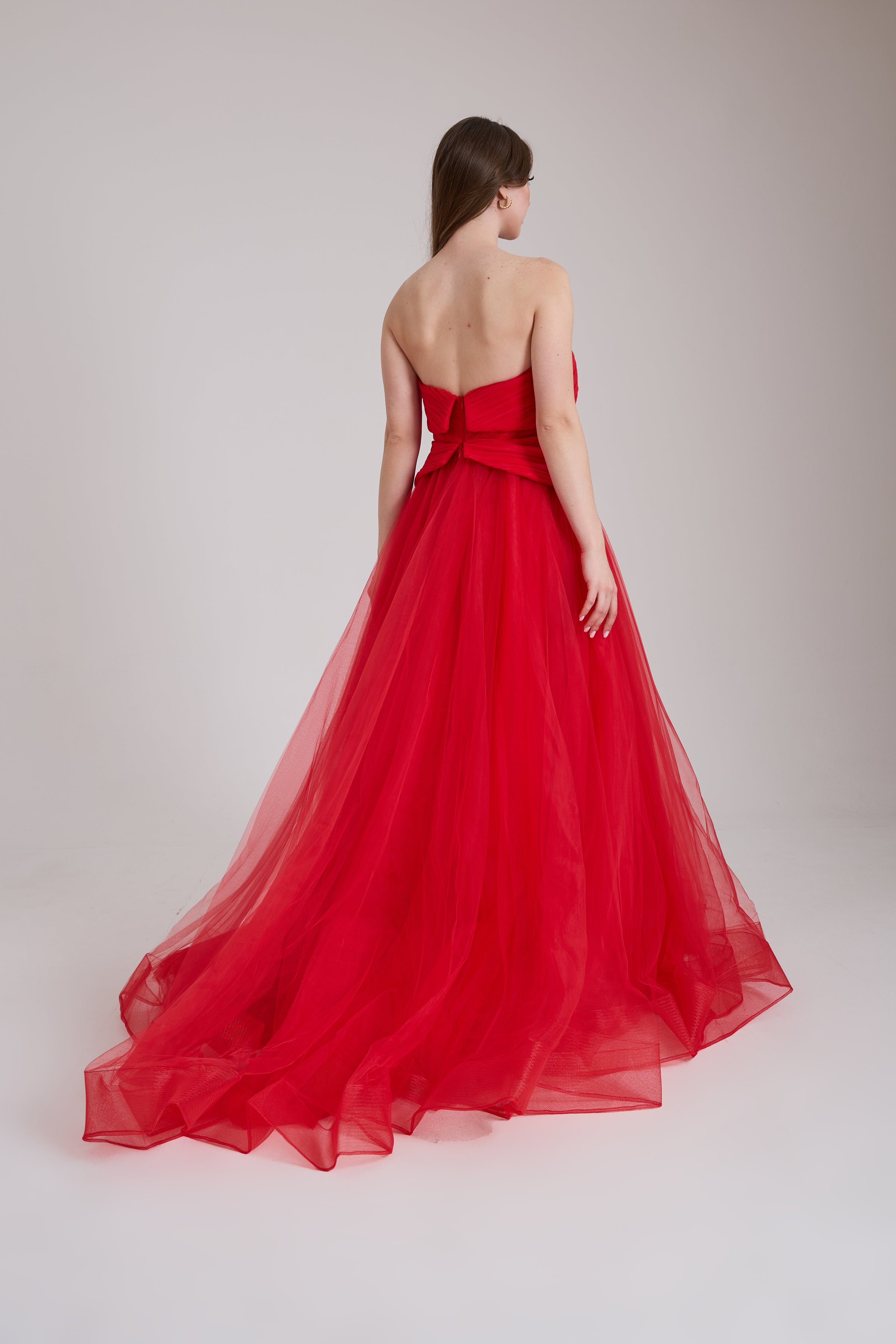 KADIN ABİYE STRAPLEZ İŞLEME DETAYLI TÜL ŞIK UZUN ELBİSE