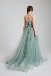 KADIN ABİYE STRAPLEZ İŞLEME DETAYLI TÜL ŞIK UZUN ELBİSE