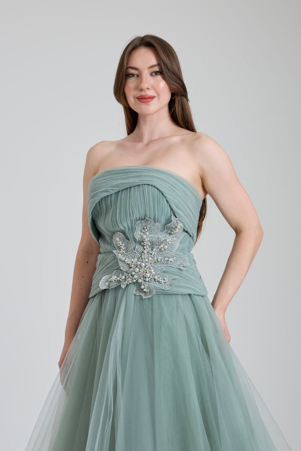 KADIN ABİYE STRAPLEZ İŞLEME DETAYLI TÜL ŞIK UZUN ELBİSE