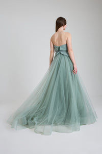 KADIN ABİYE STRAPLEZ İŞLEME DETAYLI TÜL ŞIK UZUN ELBİSE