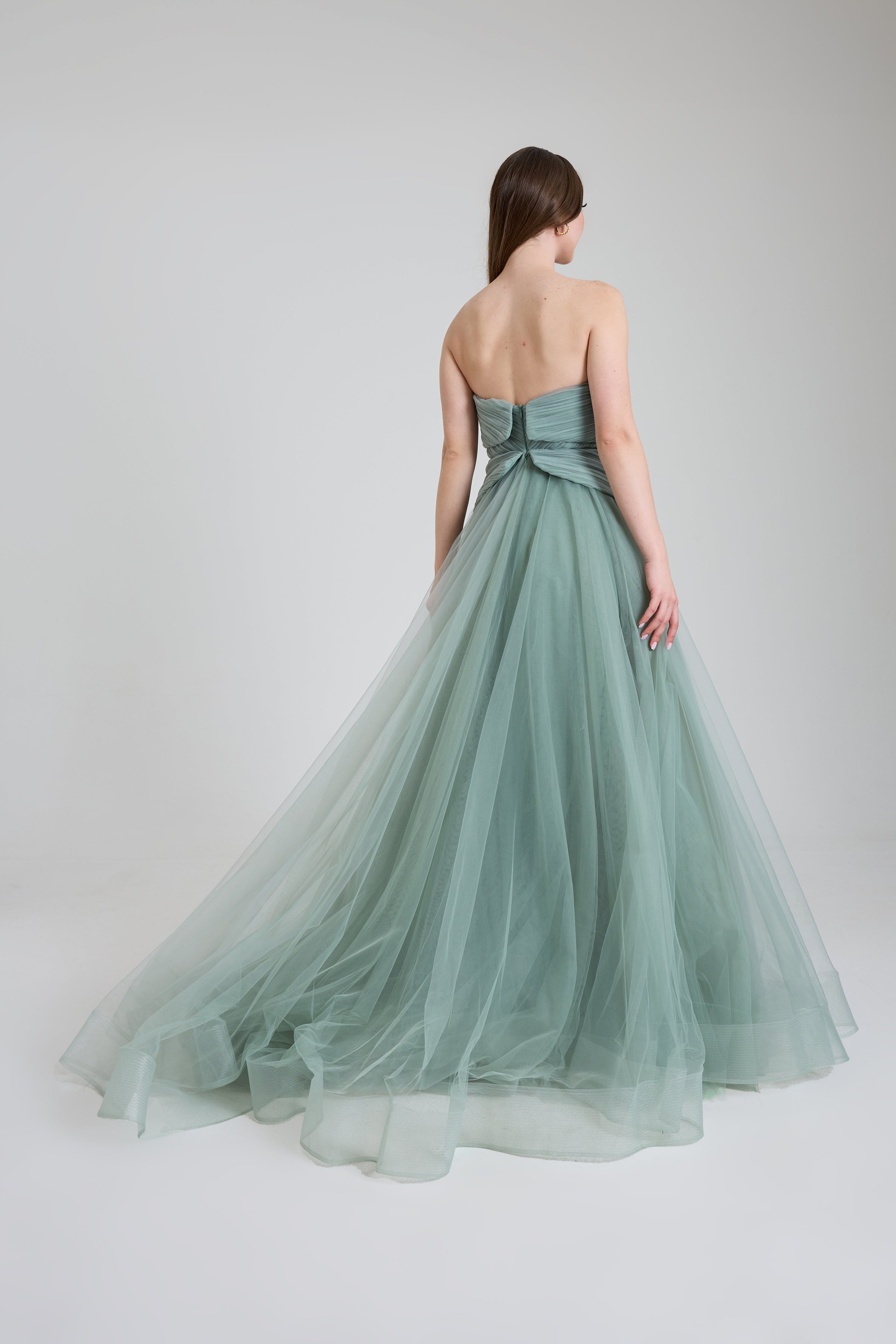 KADIN ABİYE STRAPLEZ İŞLEME DETAYLI TÜL ŞIK UZUN ELBİSE