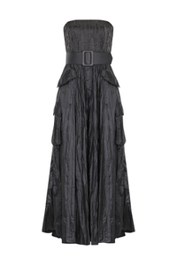 KEMER DETAYLI STRAPLEZ PARLAK ABİYE ELBİSE