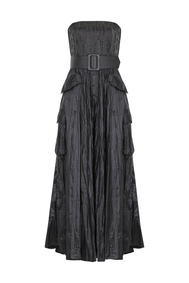 KEMER DETAYLI STRAPLEZ PARLAK ABİYE ELBİSE