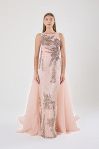 KADIN UZUN PELERİNLİ TAŞ İŞLEMELİ PUDRA ABİYE ELBİSE