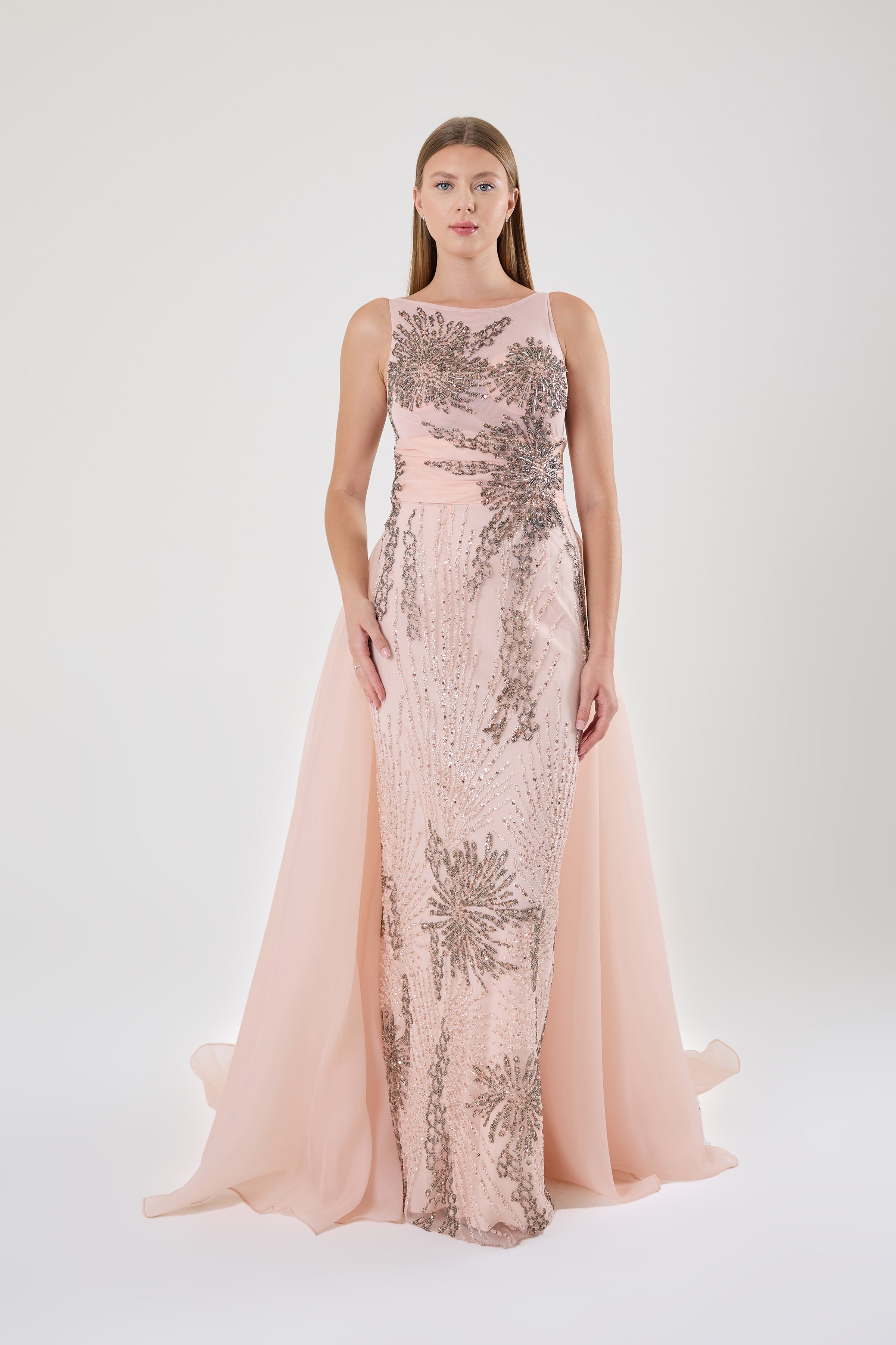 KADIN UZUN PELERİNLİ TAŞ İŞLEMELİ PUDRA ABİYE ELBİSE