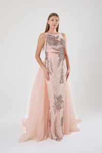 KADIN UZUN PELERİNLİ TAŞ İŞLEMELİ PUDRA ABİYE ELBİSE