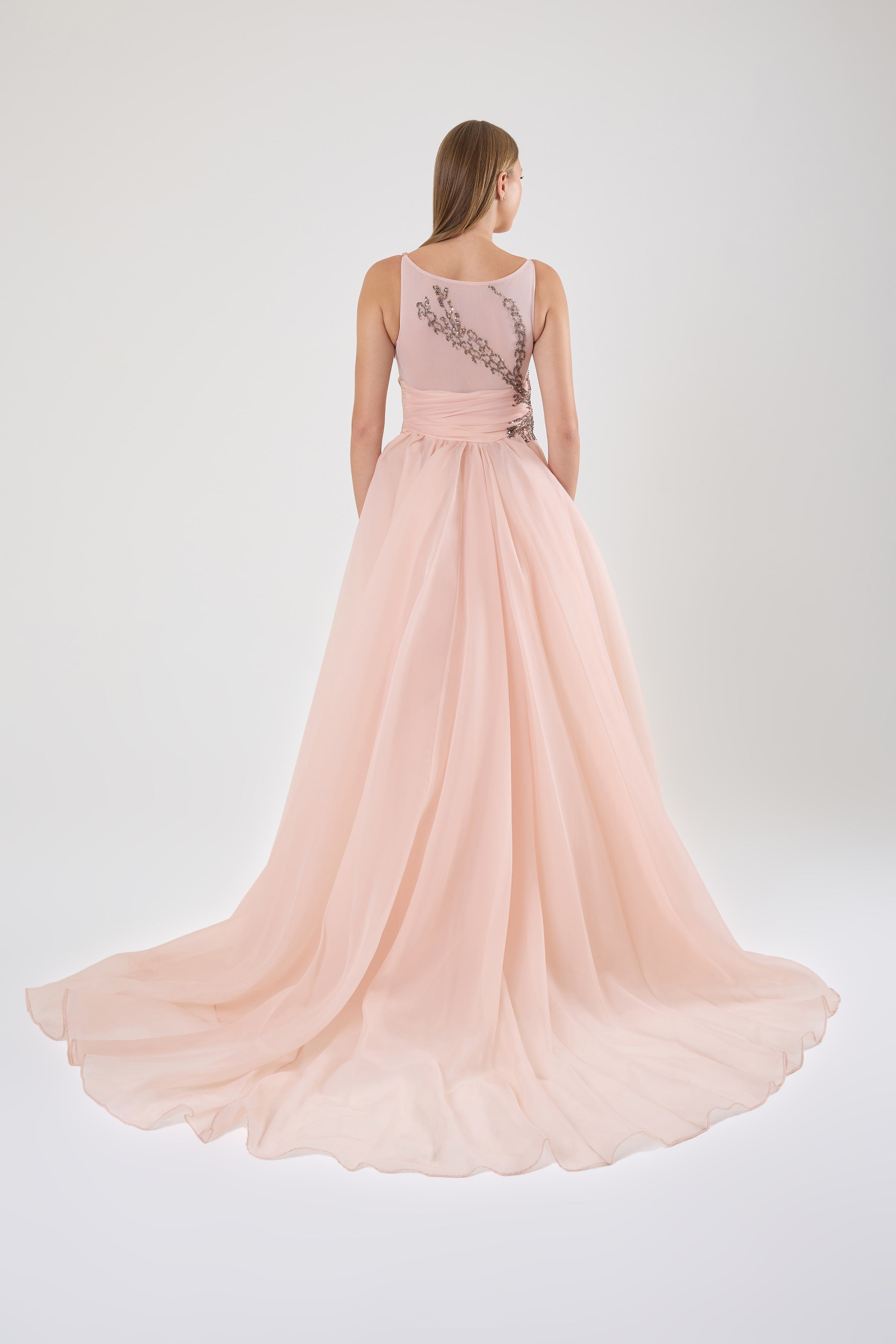 KADIN UZUN PELERİNLİ TAŞ İŞLEMELİ PUDRA ABİYE ELBİSE