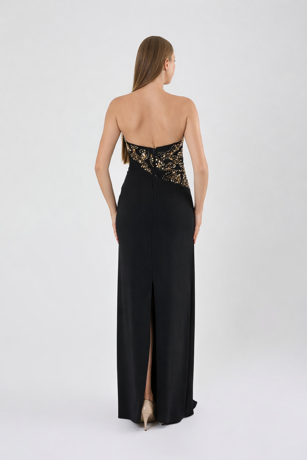 KADIN ABİYE STRAPLEZ TAŞ İŞLEME DETAYLI UZUN ELBİSE