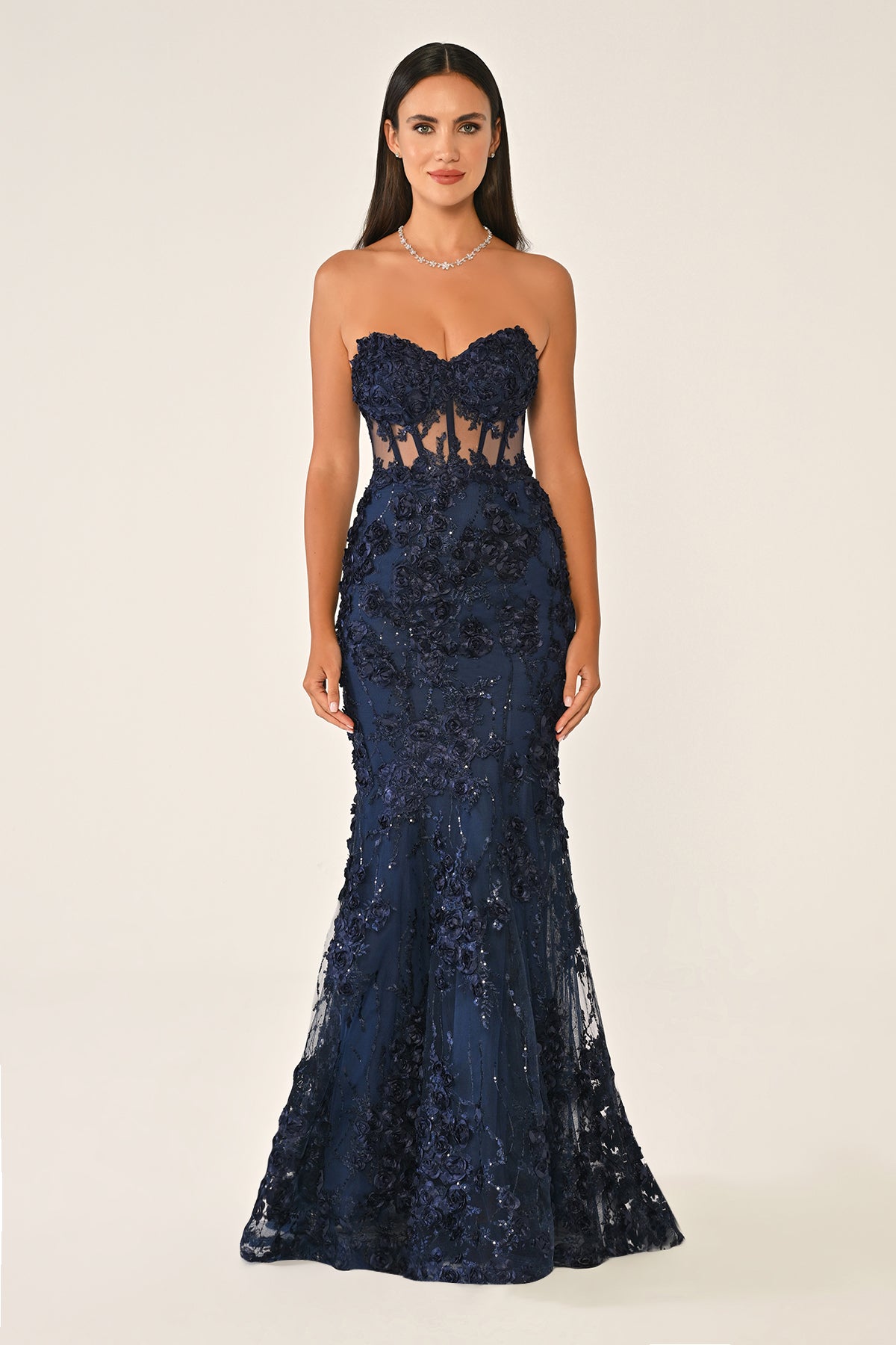 KADIN UZUN ABİYE KALP YAKA TRANSPARAN BALIK ABİYE ELBİSE