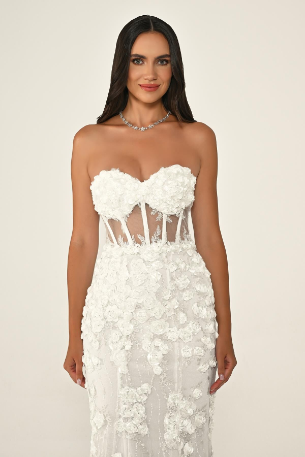 KADIN UZUN ABİYE KALP YAKA TRANSPARAN BALIK ABİYE ELBİSE