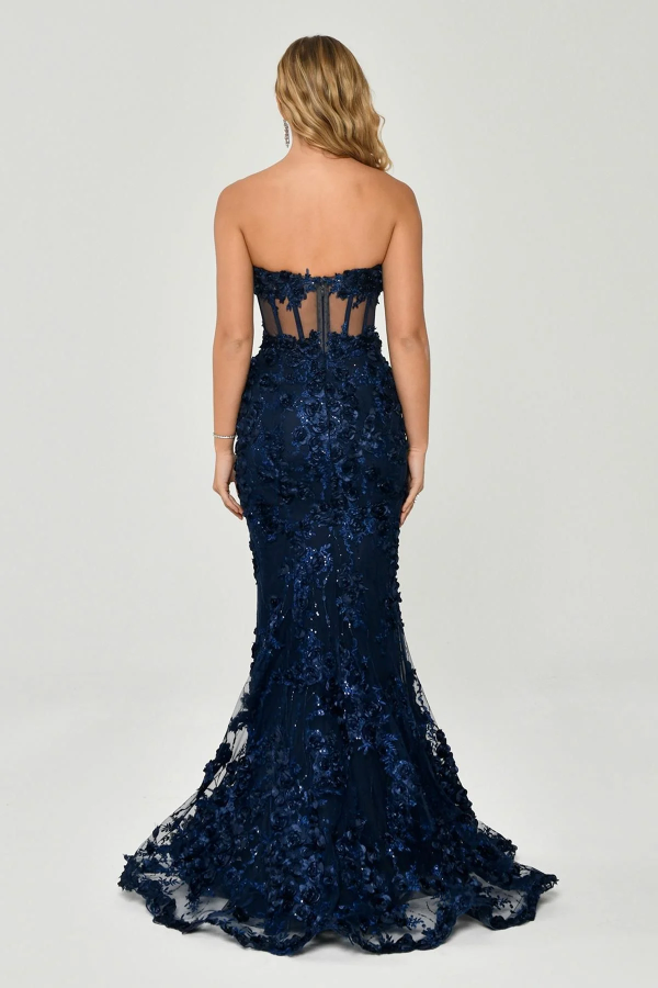 KADIN UZUN ABİYE KALP YAKA TRANSPARAN BALIK ABİYE ELBİSE