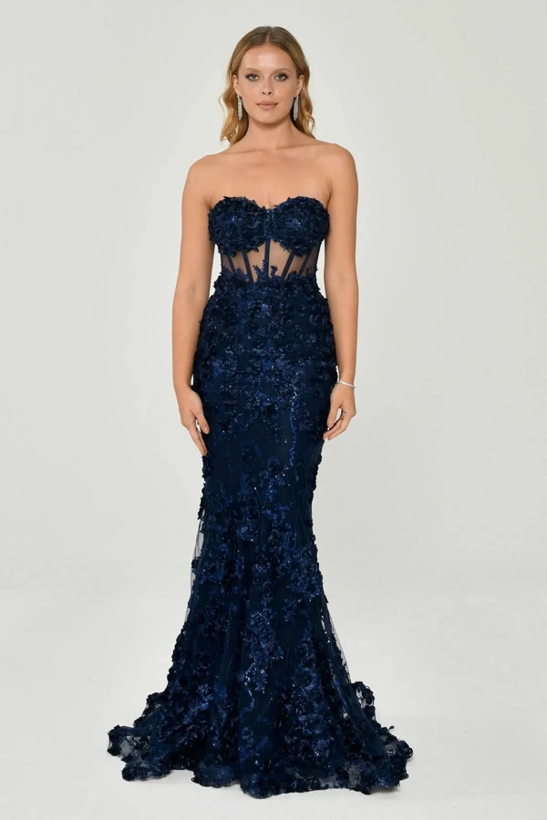 KADIN UZUN ABİYE KALP YAKA TRANSPARAN BALIK ABİYE ELBİSE