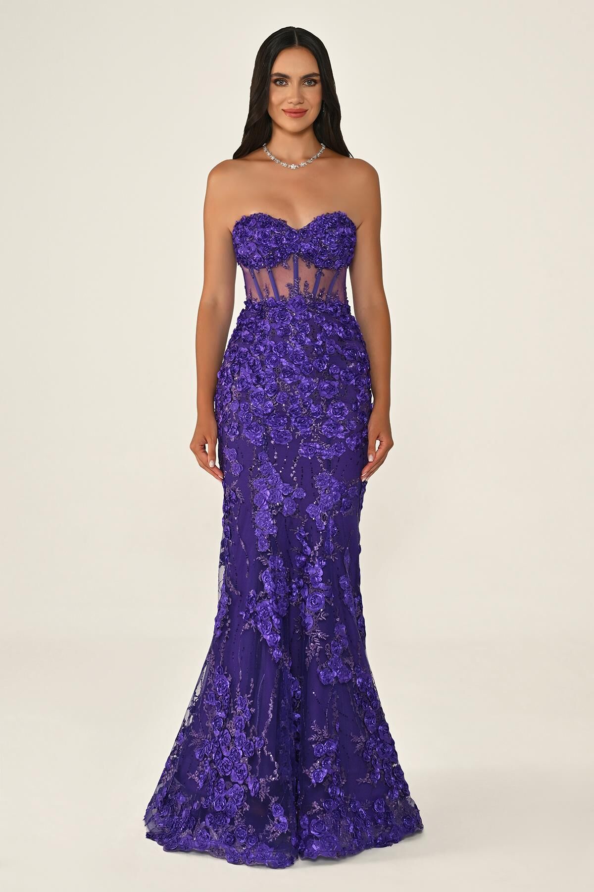 KADIN UZUN ABİYE KALP YAKA TRANSPARAN BALIK ABİYE ELBİSE