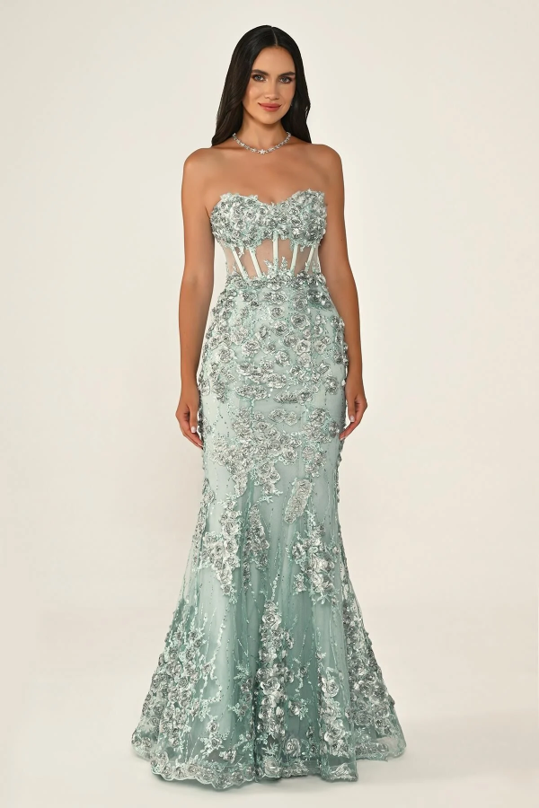 KADIN UZUN ABİYE KALP YAKA TRANSPARAN BALIK ABİYE ELBİSE