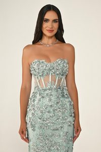 KADIN UZUN ABİYE KALP YAKA TRANSPARAN BALIK ABİYE ELBİSE