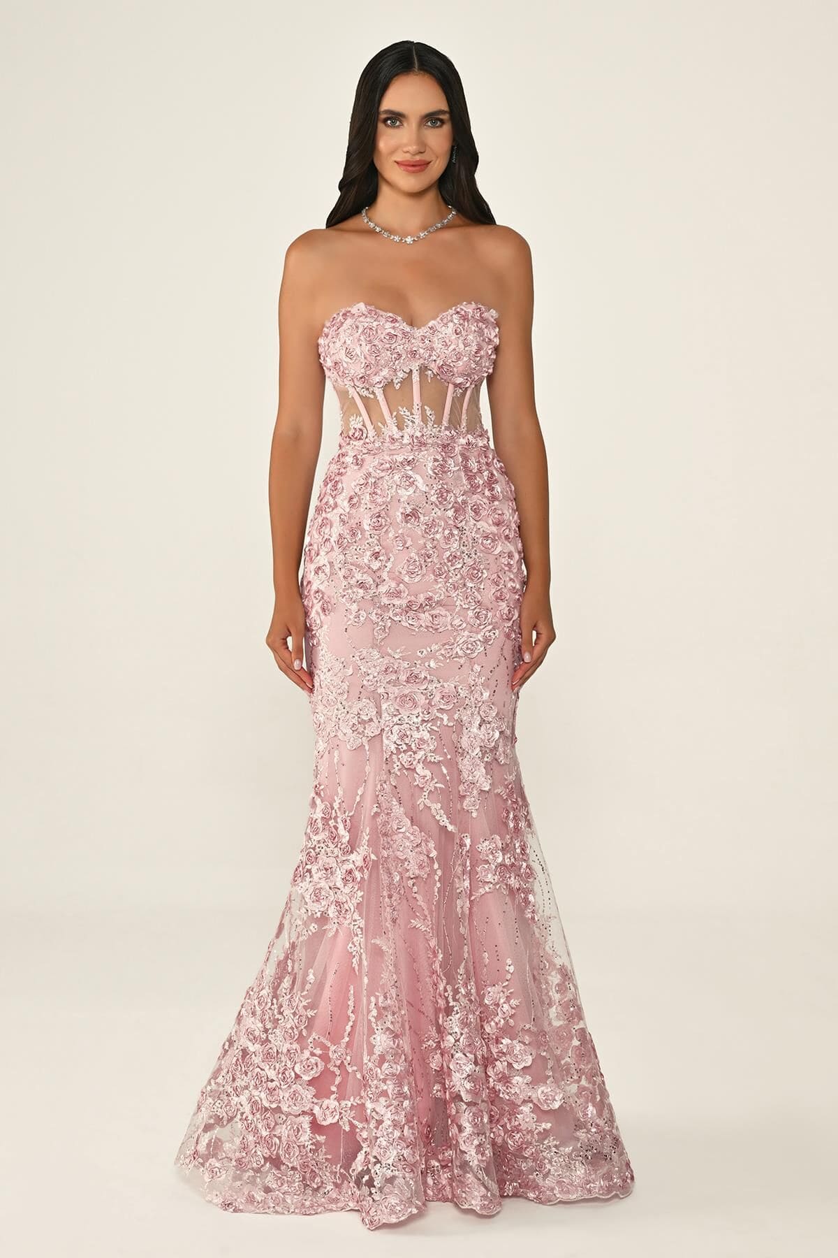 KADIN UZUN ABİYE KALP YAKA TRANSPARAN BALIK ABİYE ELBİSE