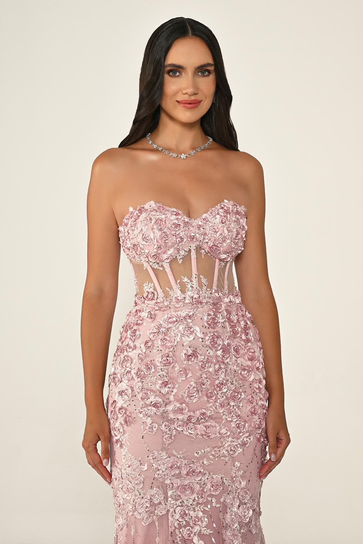 KADIN UZUN ABİYE KALP YAKA TRANSPARAN BALIK ABİYE ELBİSE