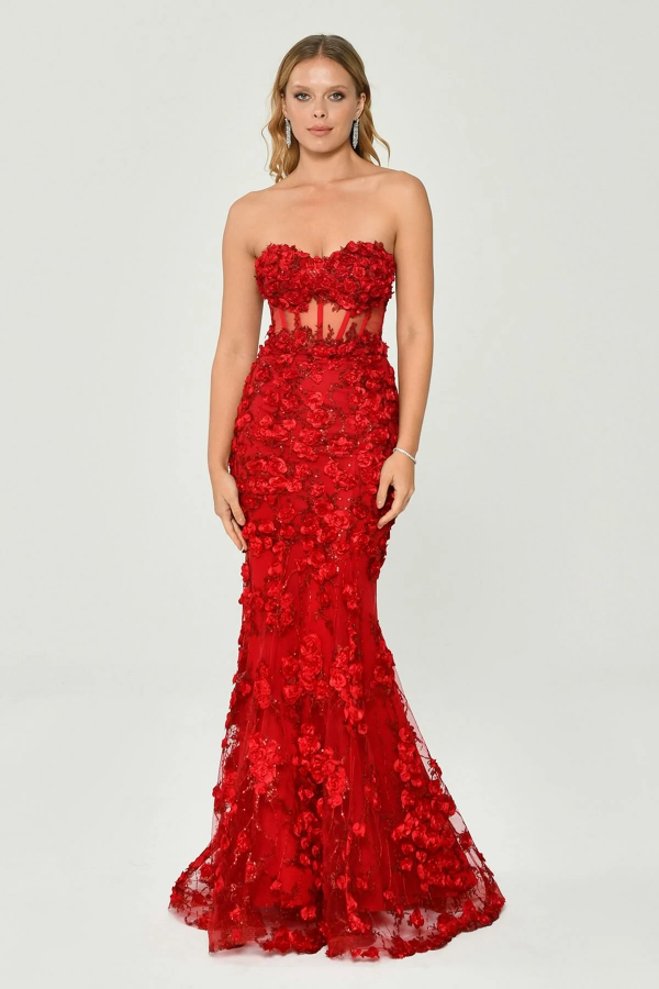 KADIN UZUN ABİYE KALP YAKA TRANSPARAN BALIK ABİYE ELBİSE