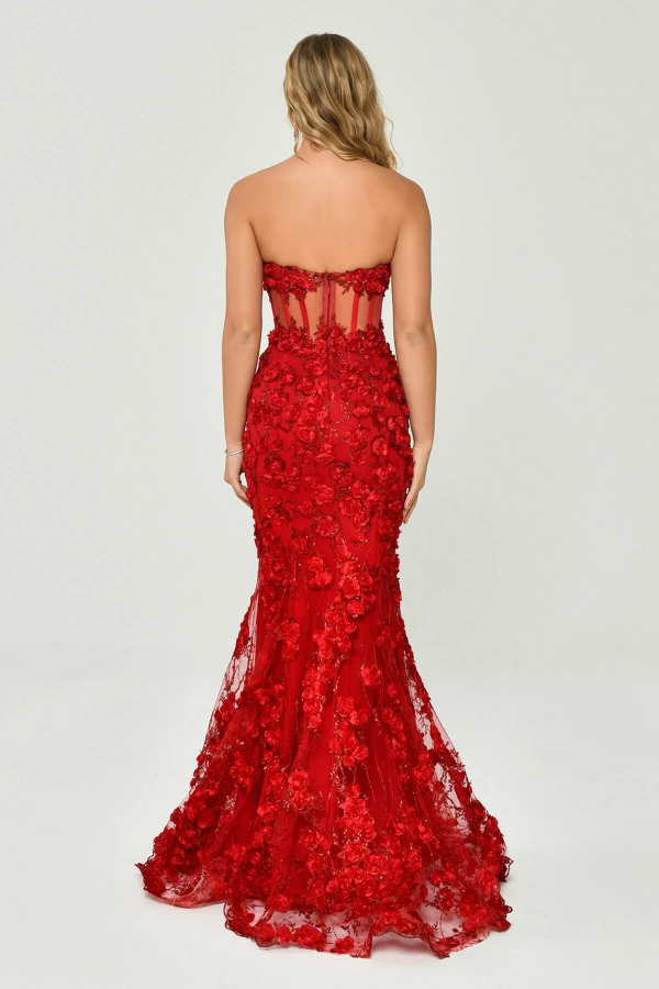 KADIN UZUN ABİYE KALP YAKA TRANSPARAN BALIK ABİYE ELBİSE