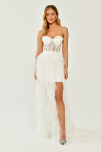 STRAPLEZ UZUN TRANSPARAN BEL DETAYLI YIRTMAÇLI ABİYE