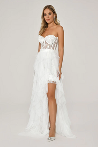 STRAPLEZ UZUN TRANSPARAN BEL DETAYLI YIRTMAÇLI ABİYE