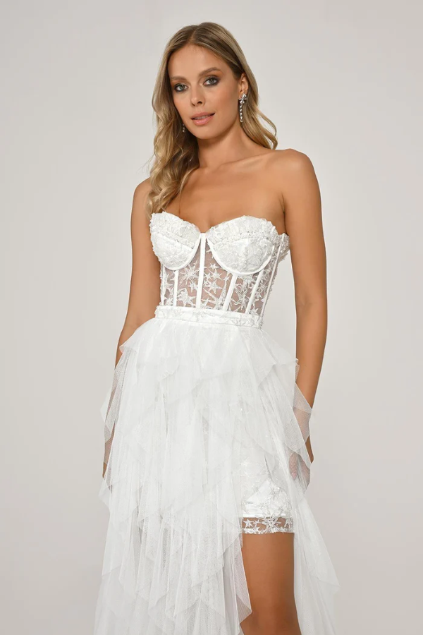 STRAPLEZ UZUN TRANSPARAN BEL DETAYLI YIRTMAÇLI ABİYE