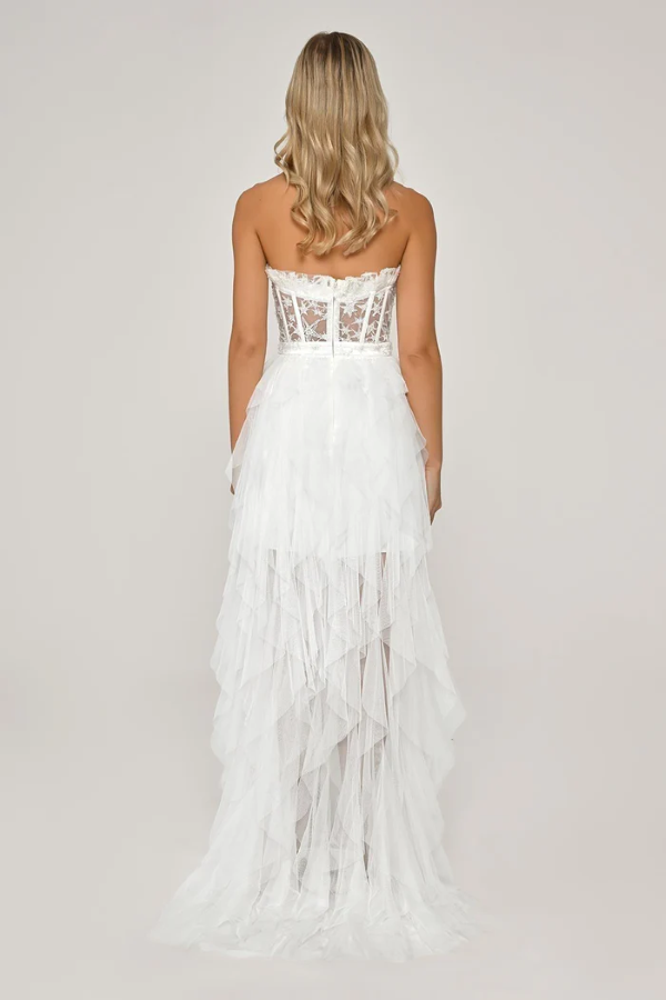 STRAPLEZ UZUN TRANSPARAN BEL DETAYLI YIRTMAÇLI ABİYE